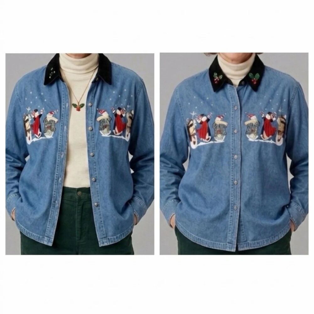 Dressbarn shirt jacket Sz L Winter Snowmen Denim Button Up Velvet Collar Vtg